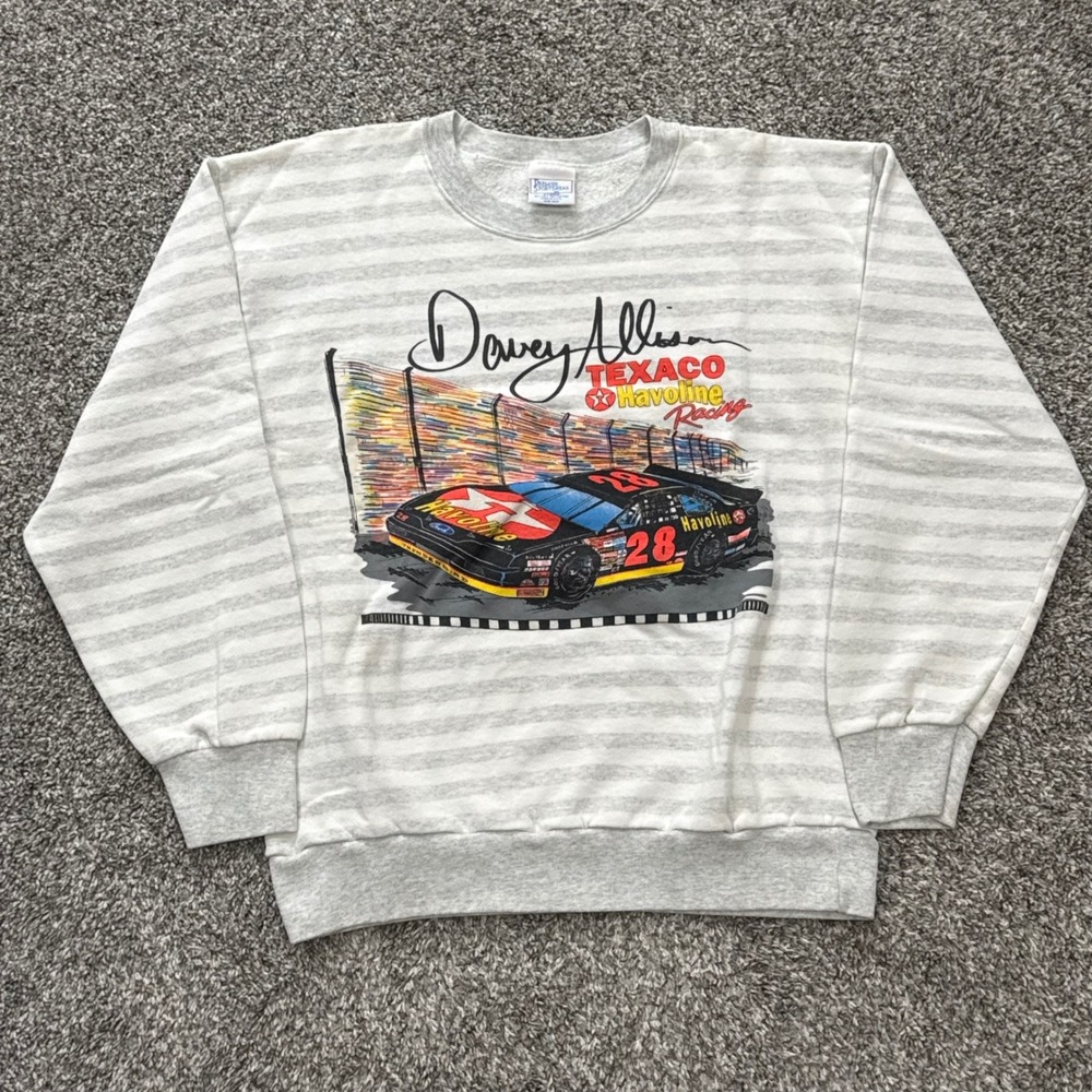 Vintage 90s Davey Allison NASCAR Texaco Racing Striped Sweatshirt Mens‎ XL USA